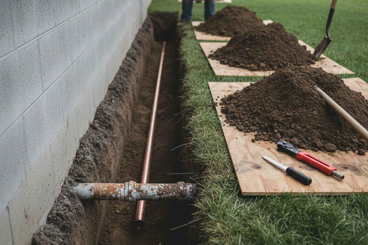 Excavated water line trench during Water Heater Repair in Signal Mountain